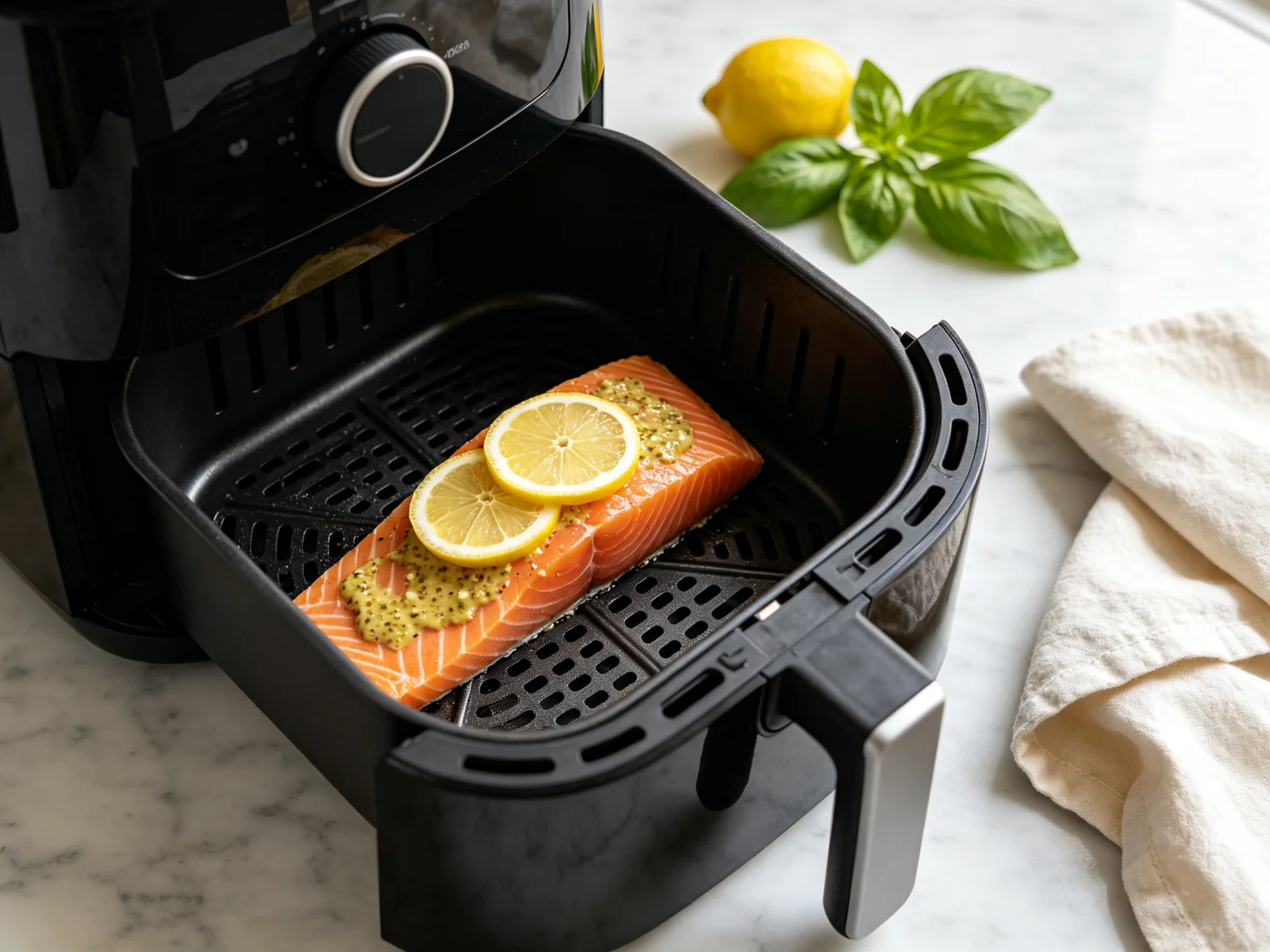 Seasoned salmon fillet placed skin-side down in a preheated air fryer basket