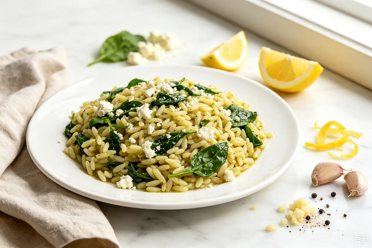 Greek Lemon Orzo with Spinach and Feta - 380 calorie lunch
