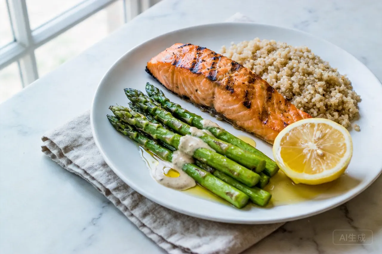 Grilled Salmon and Quinoa Bowl - 420 calorie dinner