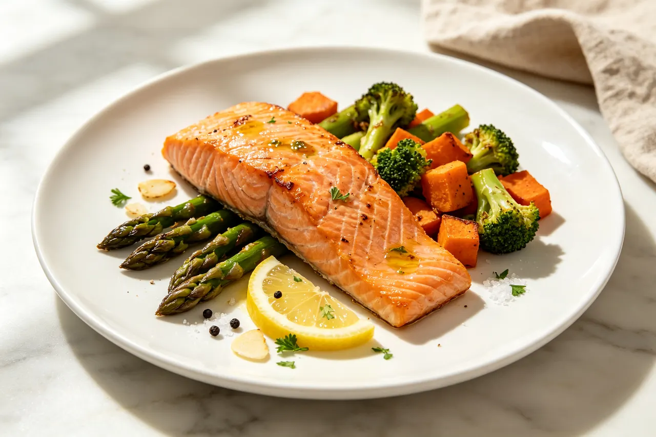 Paleo Salmon with Roasted Vegetables - 420 calorie dinner