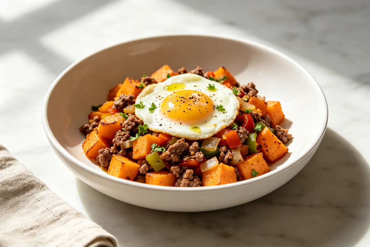 Paleo Sweet Potato Hash - 450 calorie breakfast