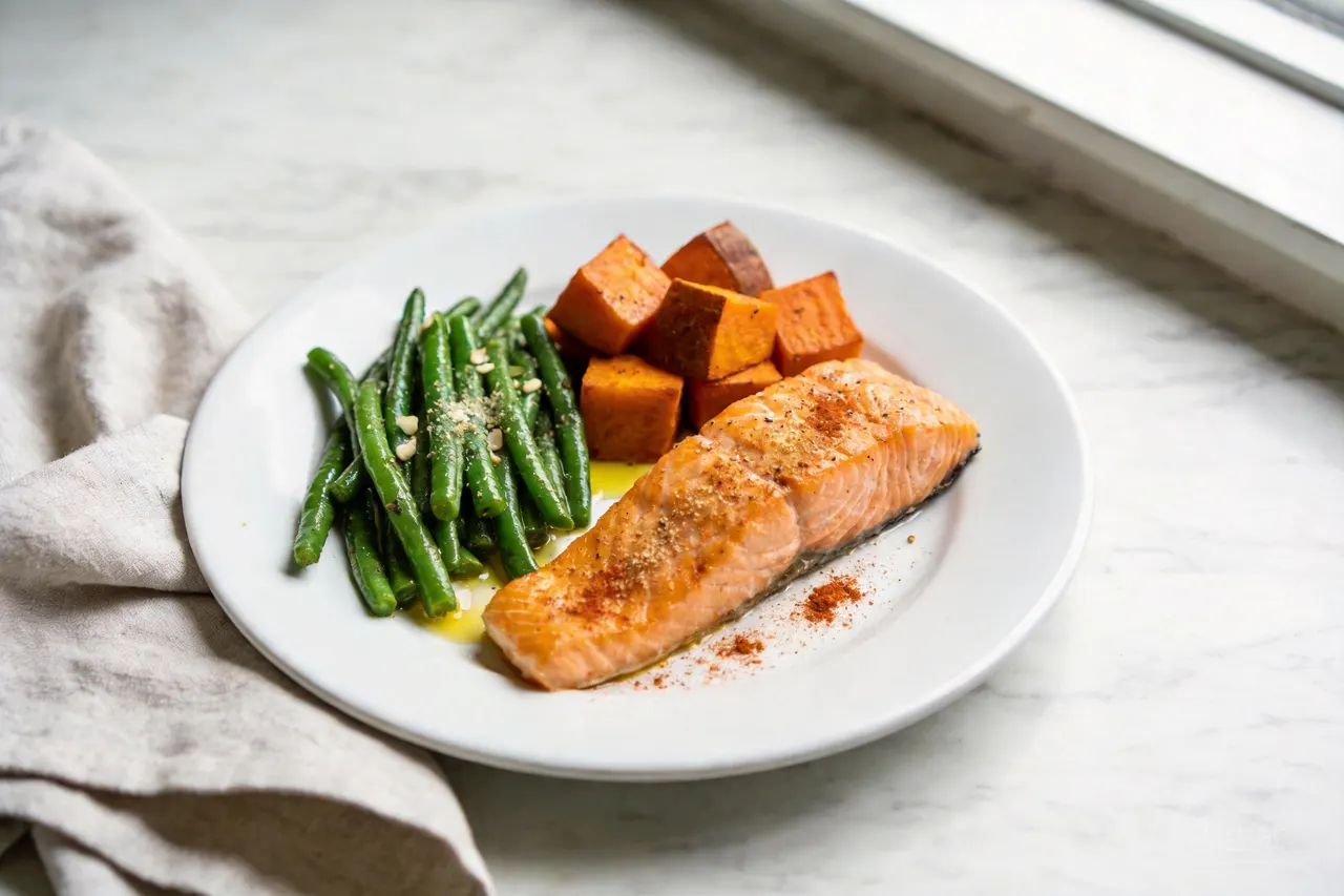 Salmon with Sweet Potato (470 Cal, 34g Protein) - 470 calorie dinner